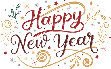 Happy New Year script text hand lettering. Design template Celebration typography poster, banner or greeting card for Merry Christmas and happy new year. Vector Illustration