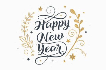 Happy New Year script text hand lettering. Design template Celebration typography poster, banner or greeting card for Merry Christmas and happy new year. Vector Illustration