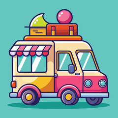 Colorful Ice Cream Truck with Dessert Toppings on Roof &ndash; Cute Cartoon Vector Illustration