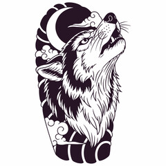 Tattoo Style Wolf Howling at the Moon with Clouds Vector Illustration