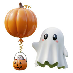 Cute ghost with pumpkin balloon and hedgehog isolated on transparent background