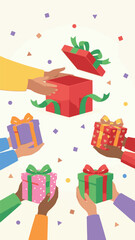 Hands opening and holding festive gift boxes with ribbons