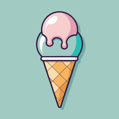 Cute Pastel Ice Cream Cone with Melting Scoops – Cartoon Vector Illustration
