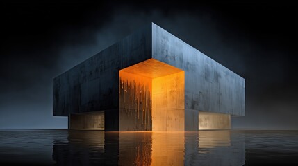 Dramatic concrete cube with glowing golden corner reflecting on dark water for architectural concepts.

