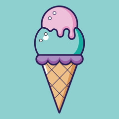 Cute Pastel Ice Cream Cone with Melting Scoops – Cartoon Vector Illustration