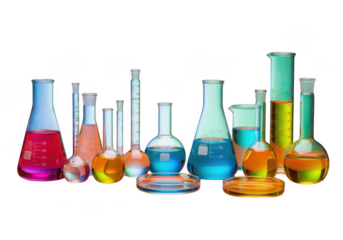 Laboratory glassware collection with colorful liquids isolated on transparent background for science, education, and chemical marketing