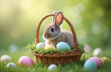 Small fluffy baby rabbit sits in wicker basket with colorful easter eggs on green spring grass. Gentle sunlight illuminates adorable bunny ready for holiday celebration. Cute pet symbol of new life,