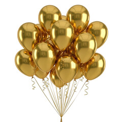 A bunch of shiny golden balloons isolated on transparent background