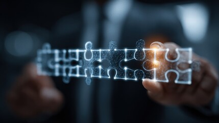 Man connects abstract glowing puzzle pieces, representing business ecosystems and partnership strategy, solving tasks together and team building