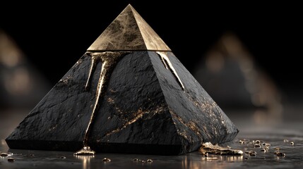 Luxurious black stone pyramid with melting gold drip for wealth and finance concepts.

