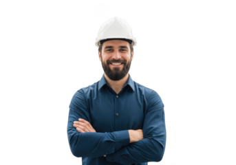 Smiling engineer in hard hat isolated on transparent background