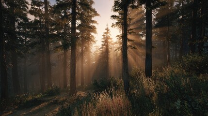 Fototapeta premium foggy forest at dawn with warm sunlight beams, realistic textures, no people 