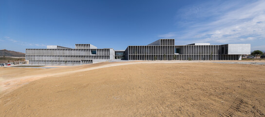 Brutalist concrete architecture on university campus