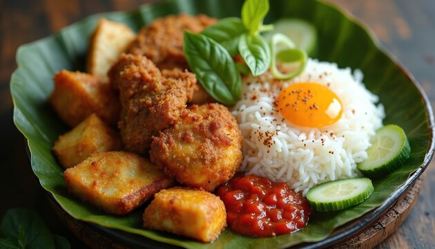 Indonesian nasi timbel komplit plate with fried chicken tofu tempeh rice sambal. Garnished with fresh cucumber basil and egg yolk. Food served on banana leaf.