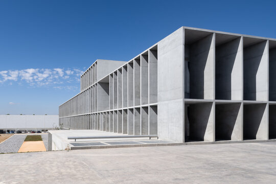 Brutalist concrete structure on university campus