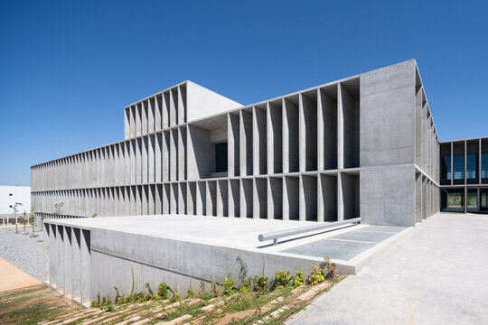 Brutalist concrete building on a university campus