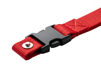 Red nylon strap with black plastic buckle isolated on transparent background for product design and outdoor gear advertisement