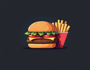 Burger with french fries served in red box. Appetizing fast food meal illustration. Classic hamburger with beef patty cheese and lettuce. Delicious snack isolated on dark background.
