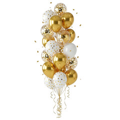 White and gold balloons isolated on transparent background with confetti