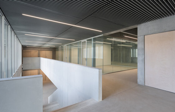 Interior of concrete brutalist building on campus