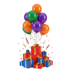 Colorful balloons and gift boxes isolated on transparent background