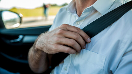 Image captures a person fastens a seat belt in a car, emphasizing safety and responsibility on the road.  Close-up shot