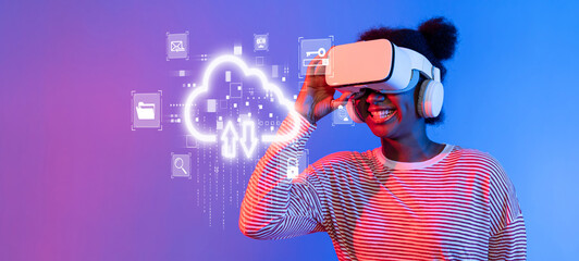 A woman enjoys a virtual reality experience while exploring cloud computing concepts amidst vibrant digital icons, illustrating innovation in technology and storage solutions. XDMCP