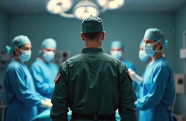Obraz premium American soldier stands in operating room as doctors treat patients. Medical team works on patient, military personnel observes. Collaboration medical care, surgery support, emergency response.