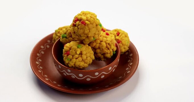 indian sweet motichoor laddoo&nbsp;or Bundi laddu made of gram flour very small balls or boondis which are deep fried and soaked in sugar syrup before making balls