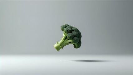 A fresh broccoli falling in mid-air, isolated on a plain, empty background, realistic lighting and shadows, high detail
