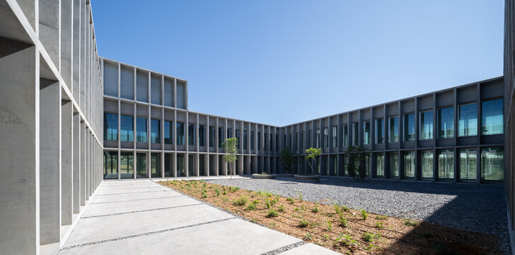 Modern brutalist architecture at university campus