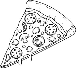 Black and white outline drawing of a classic slice of pizza with pepperoni and mushrooms