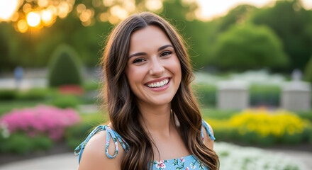 Happy young woman smiling outdoors in a park.