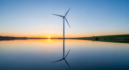 Wind turbine reflecting in calm water at sunset, generating clean energy.