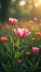 Obraz premium Field of pink and orange tulips blossoms in soft morning sunlight. Green leaves and stalks create natural backdrop. Focus on foreground flowers blooming.