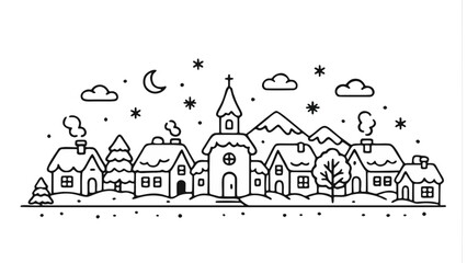 Snowy Alpine Winter Village Landscape Line Art Illustration