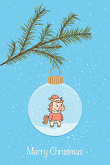 Christmas-themed vector illustration with a cute horse wearing a sweater and hat inside a transparent ornament. Pine branch and snowfall create a festive and cheerful holiday atmosphere.