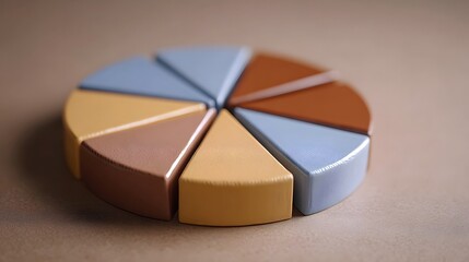 Wooden pie chart segments in various colors representing business data analysis and growth