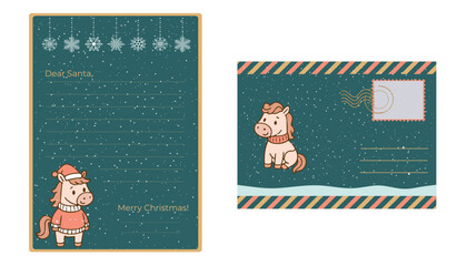 Charming Christmas letter template and postcard featuring a cute horse wearing a Santa hat and sweater. Snowflakes and festive design elements add to the holiday cheer.