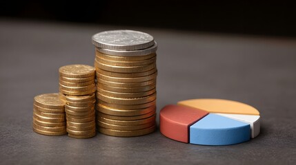 Stacks of gold and silver coins alongside a colorful pie chart symbolize financial growth investment and data analysis