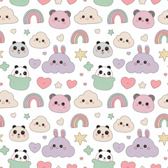 Naklejka premium pastel kawaii seamless pattern with smiling animals rainbows hearts clouds frogs pandas bears and stars for nursery wallpaper kids fabric and playful background design 
