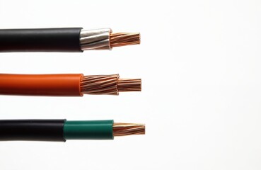 Three electrical wires with exposed copper cores and different colored insulation show their inner structure against a clean white backdrop. They represent diverse circuits and conductors.