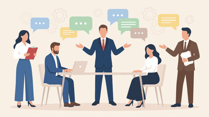 Fototapeta premium Businessman giving presentation with speech bubbles and feedback