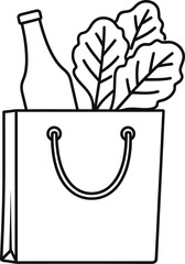 A line art illustration of a shopping bag filled with groceries including a bottle and fresh produce