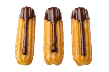 Three chocolate drizzled eclairs isolated on transparent background