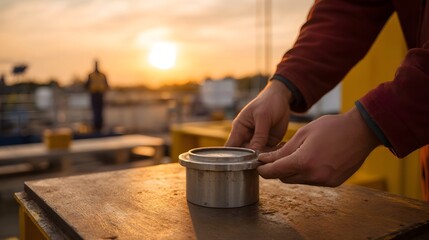 Hands adjusting a metal object on a wooden surface during a warm sunset