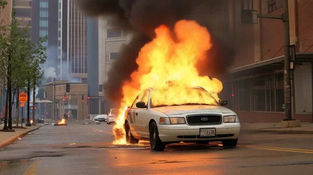 White police car engulfed in intense flames and thick black smoke on a city street during daylight urban chaos and destruction