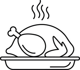 A line icon of a steaming roasted chicken on a platter, ready to be served