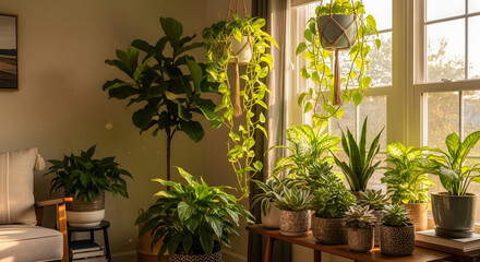 Indoor Collection of Various Houseplants in Sunlight.