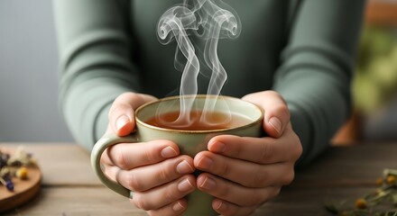 Womans Hands Holding a Steaming Mug of Hot Tea on a Wooden Table.